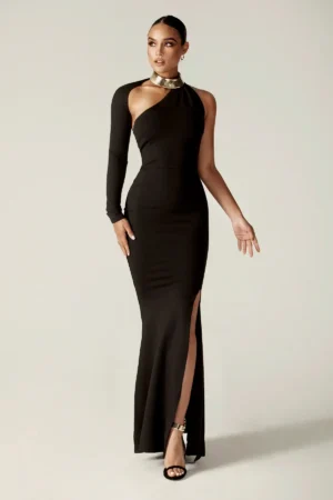 Lilux One Shoulder Modern Maxi Dress (Black)