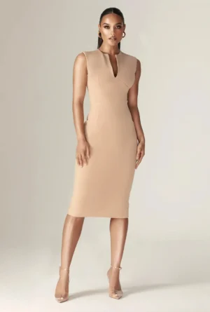 Lianna Deep Slit Neckline Midi Dress - Khaki